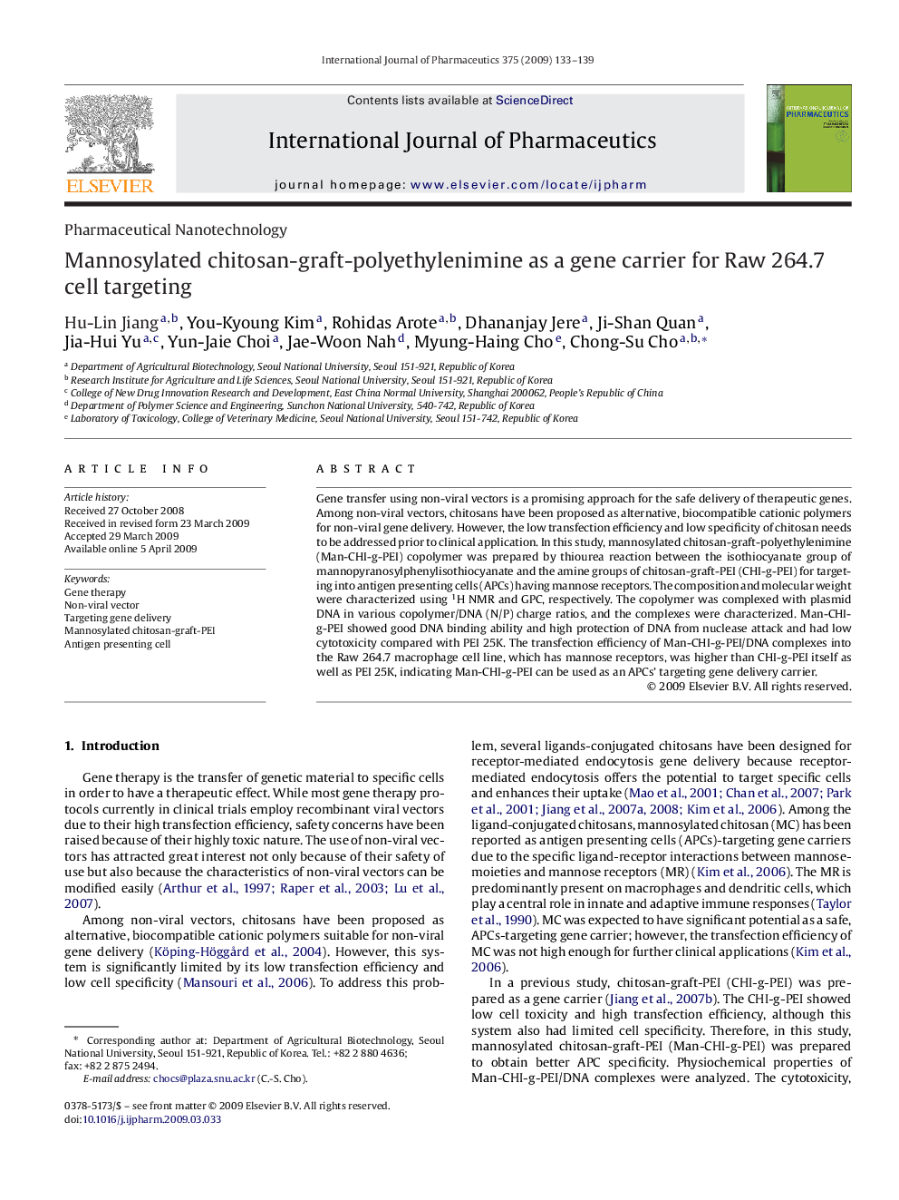 Mannosylated chitosan-graft-polyethylenimine as a gene carrier for Raw 264.7 cell targeting