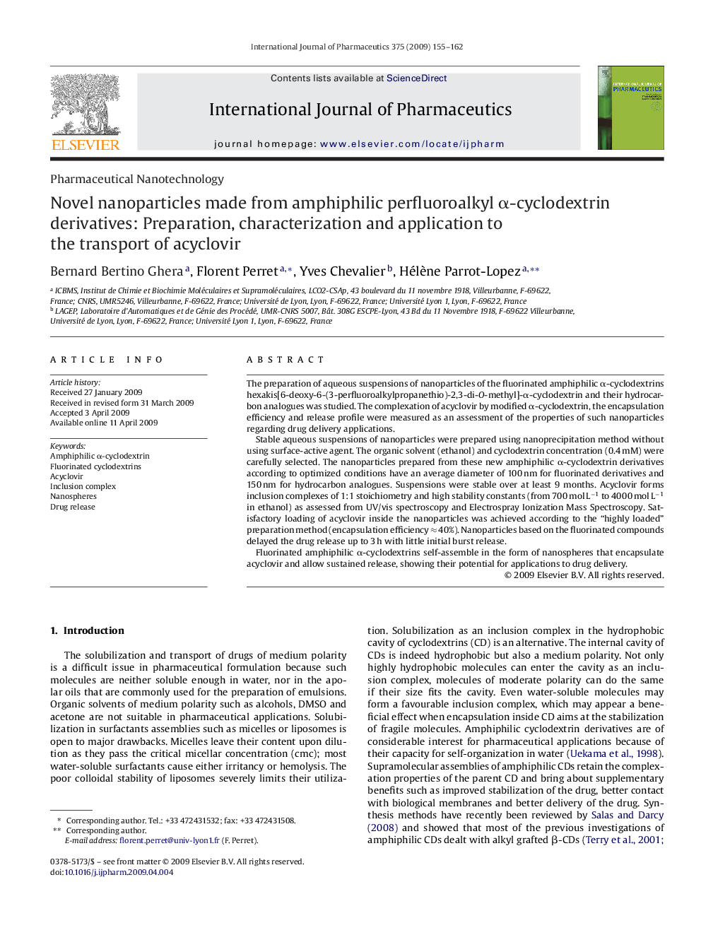 Novel nanoparticles made from amphiphilic perfluoroalkyl α-cyclodextrin derivatives: Preparation, characterization and application to the transport of acyclovir