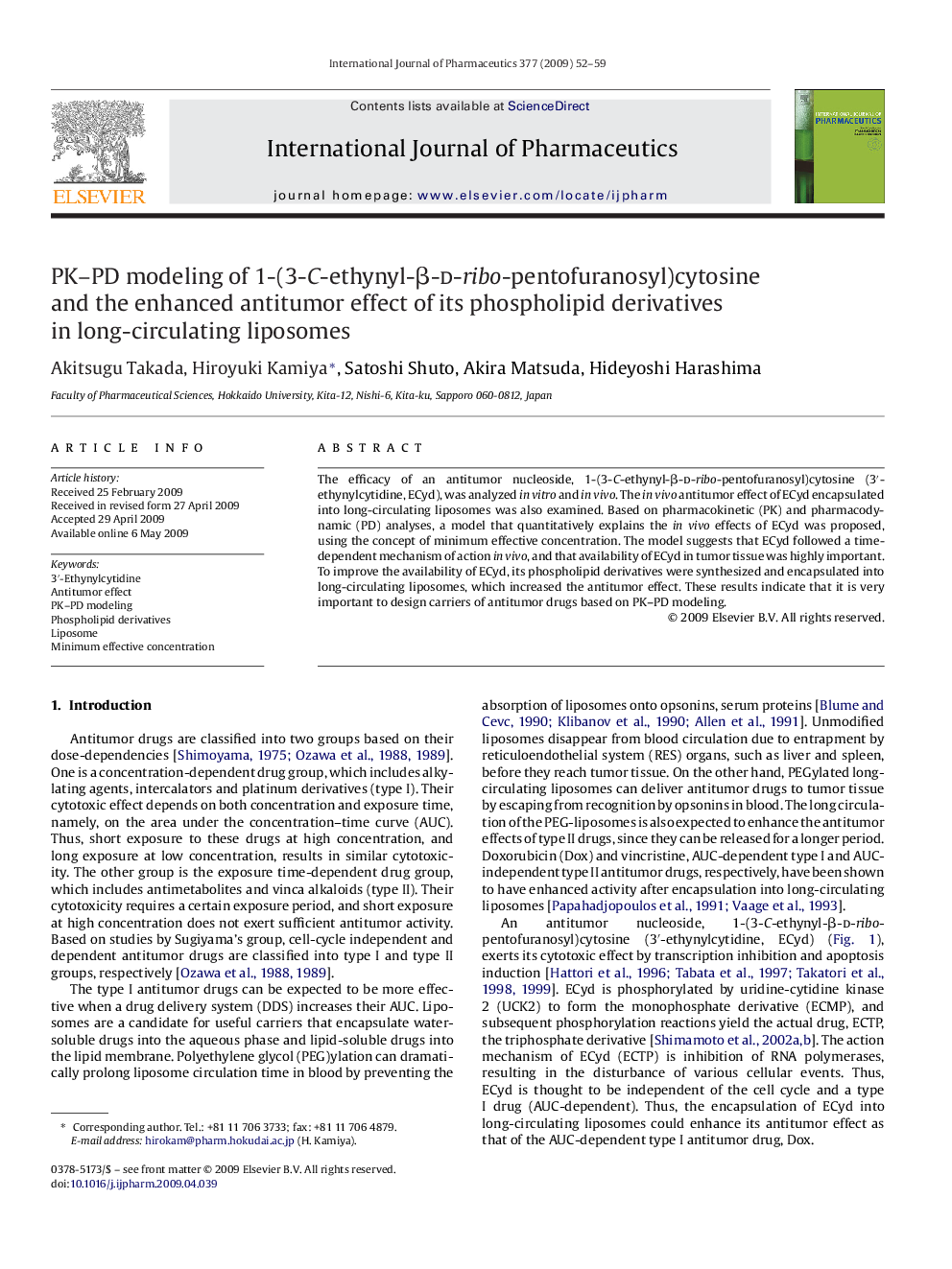 PK–PD modeling of 1-(3-C-ethynyl-β-d-ribo-pentofuranosyl)cytosine and the enhanced antitumor effect of its phospholipid derivatives in long-circulating liposomes