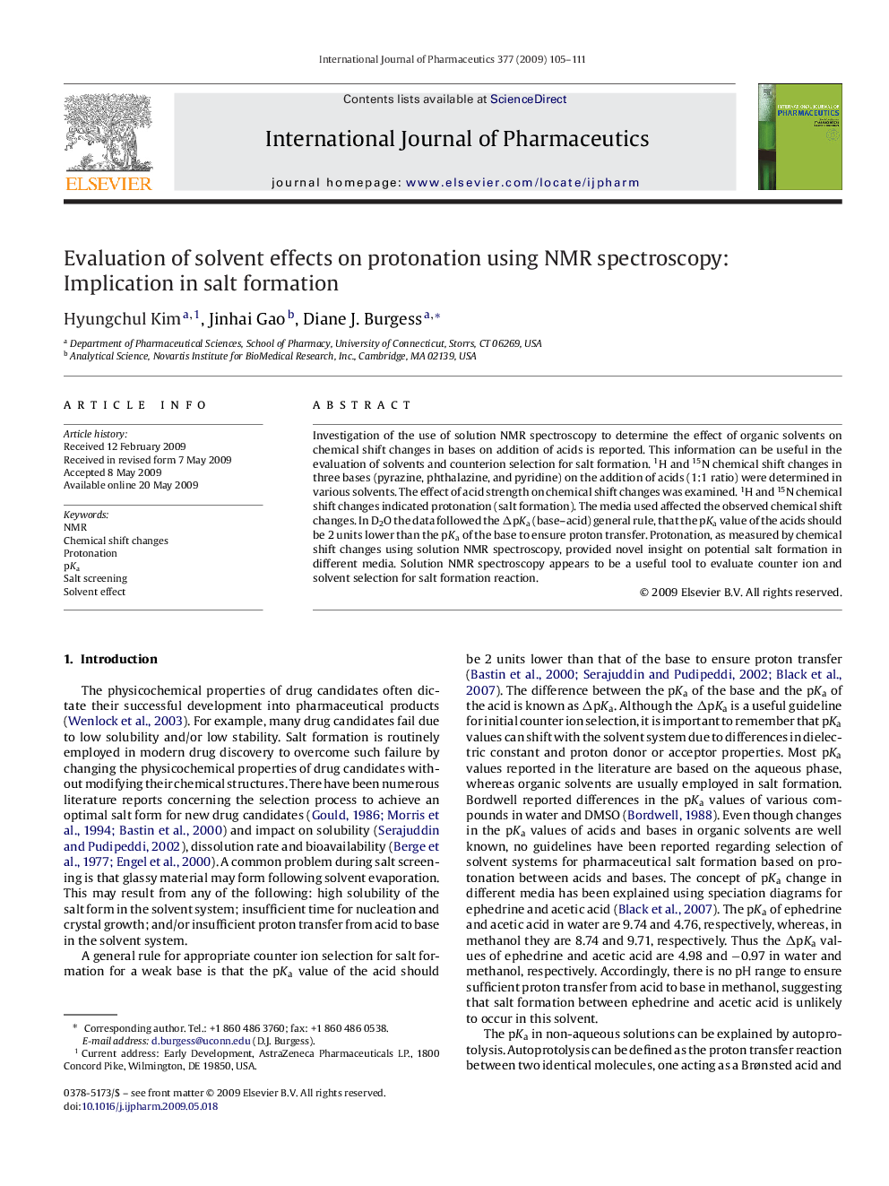 Evaluation of solvent effects on protonation using NMR spectroscopy: Implication in salt formation