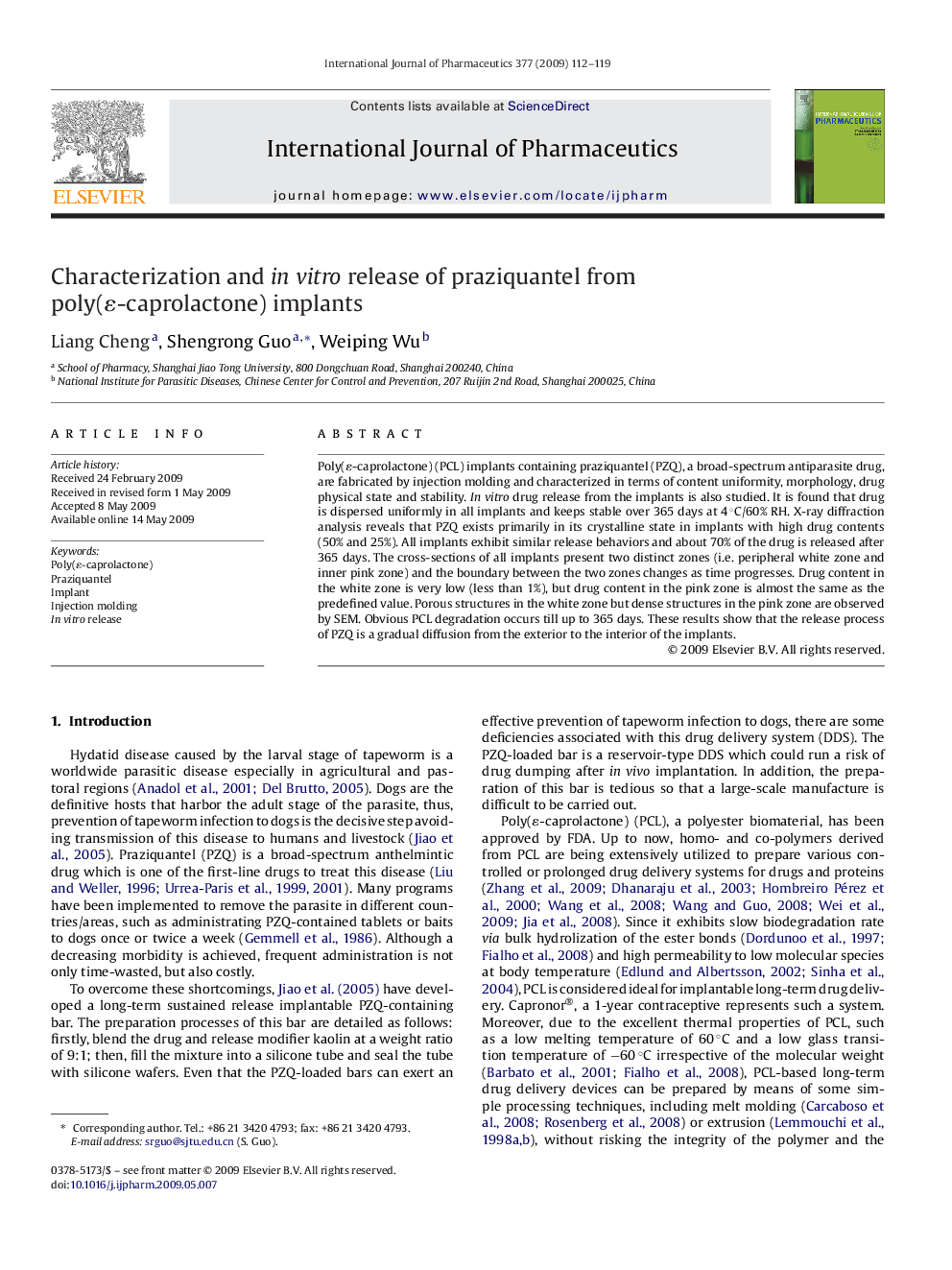 Characterization and in vitro release of praziquantel from poly(ɛ-caprolactone) implants