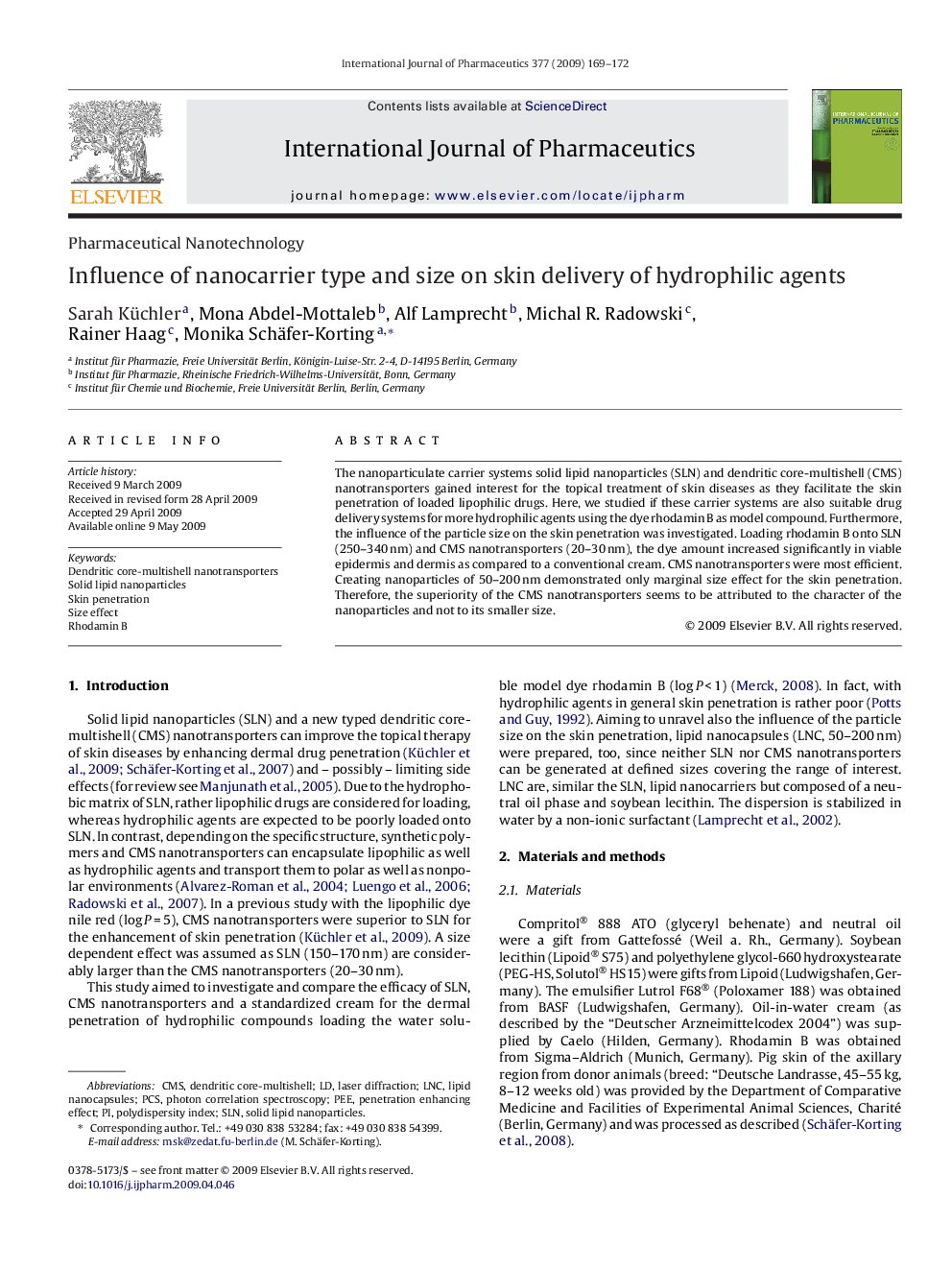 عکس صفحه اول مقاله: Influence of nanocarrier type and size on skin delivery of hydrophilic agents Influence of nanocarrier type and size on skin delivery of hydrophilic agents