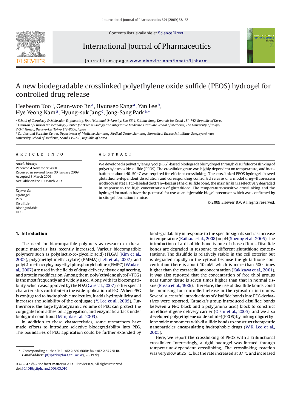 A new biodegradable crosslinked polyethylene oxide sulfide (PEOS) hydrogel for controlled drug release