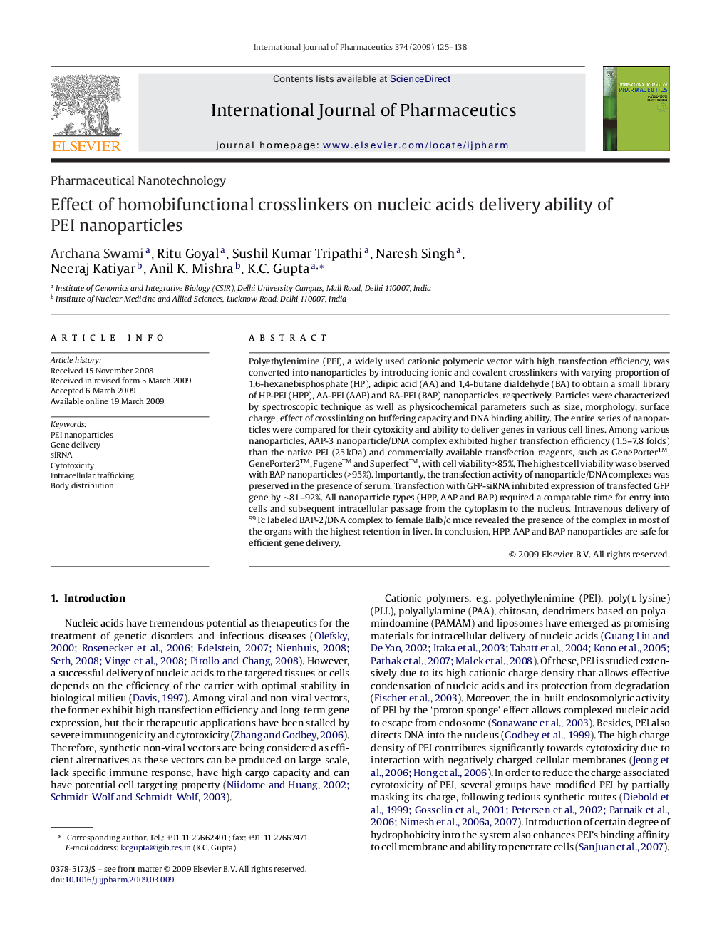 Effect of homobifunctional crosslinkers on nucleic acids delivery ability of PEI nanoparticles