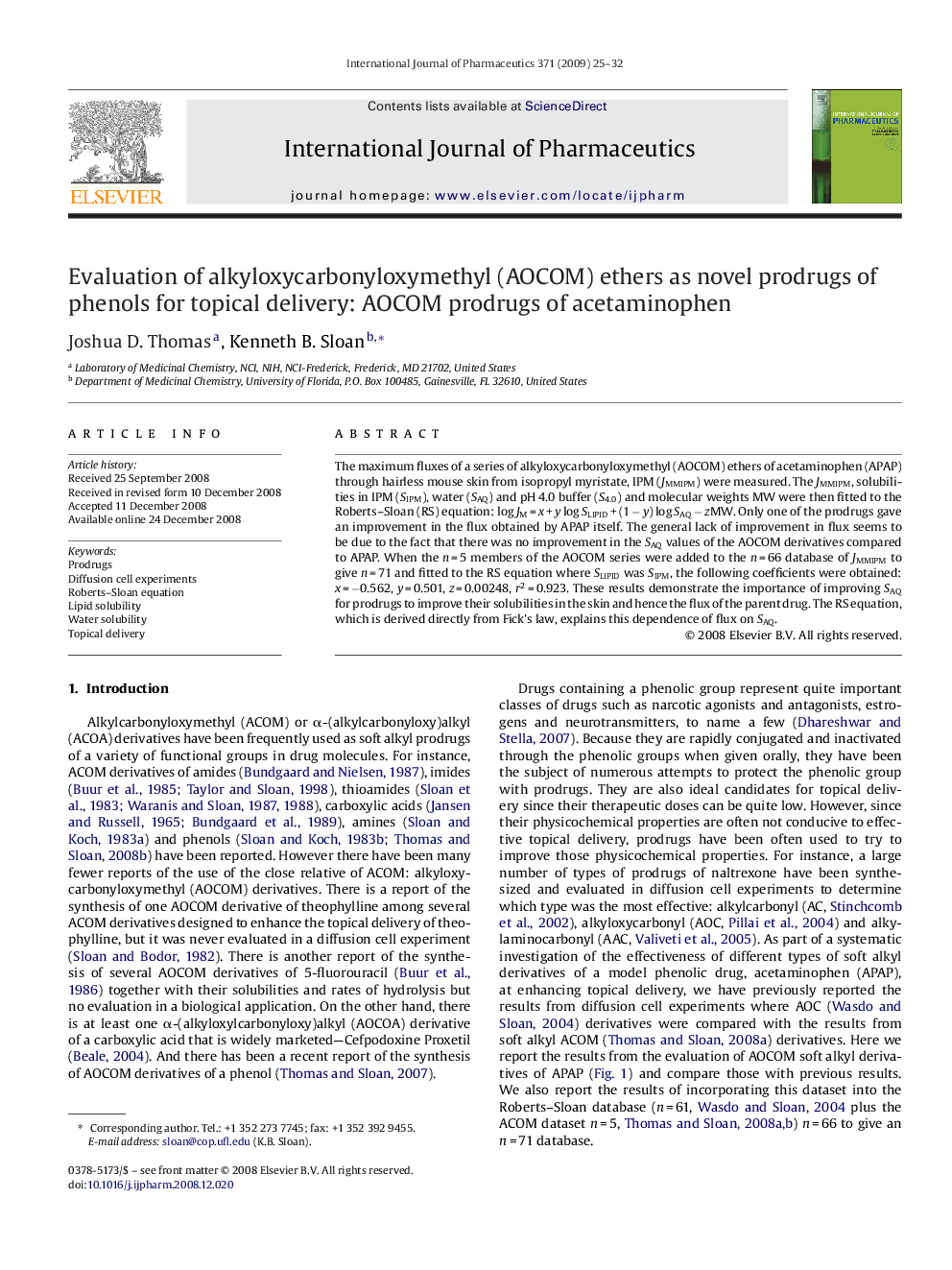 Evaluation of alkyloxycarbonyloxymethyl (AOCOM) ethers as novel prodrugs of phenols for topical delivery: AOCOM prodrugs of acetaminophen