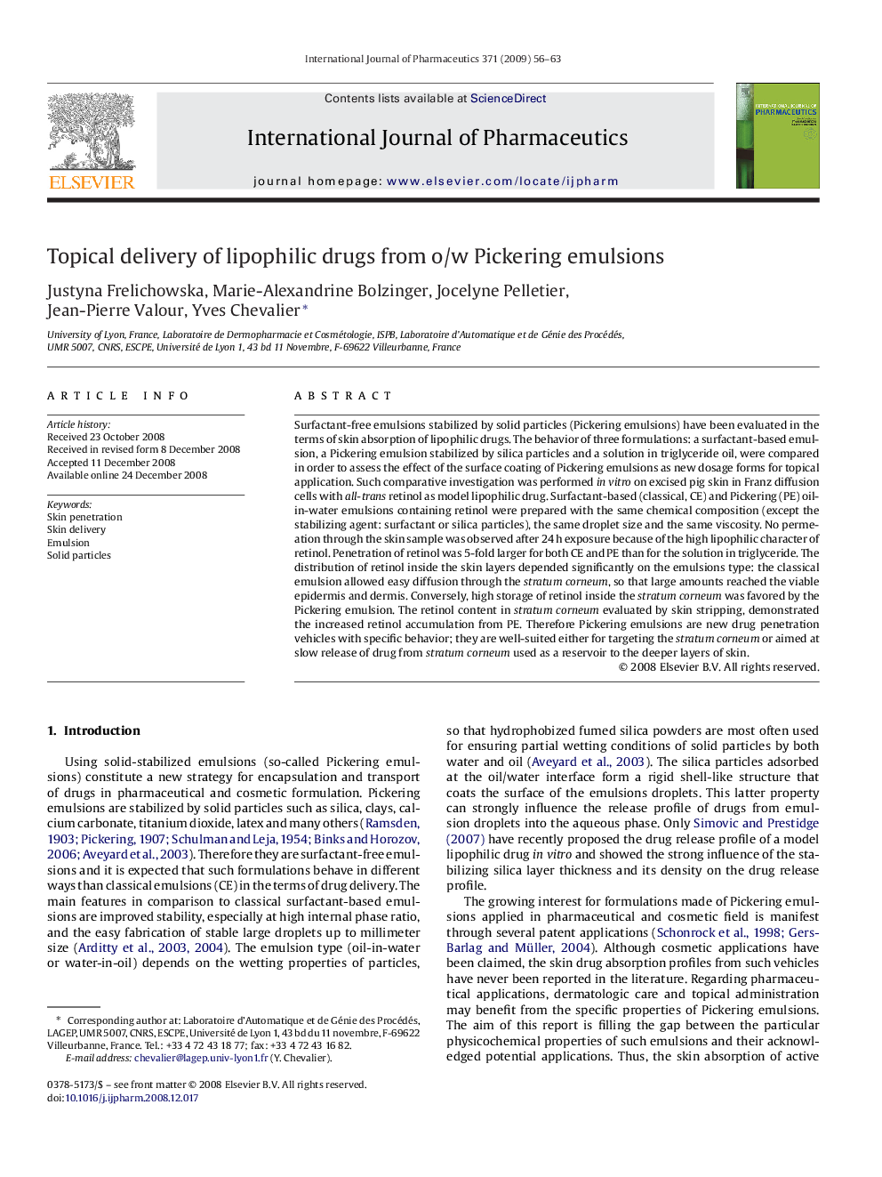 Topical delivery of lipophilic drugs from o/w Pickering emulsions