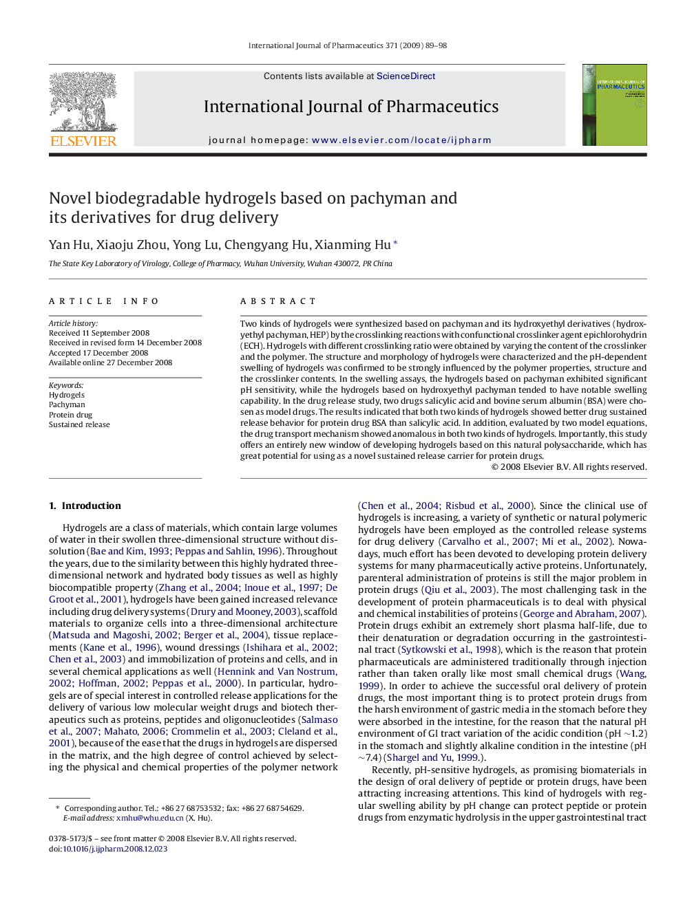 Novel biodegradable hydrogels based on pachyman and its derivatives for drug delivery