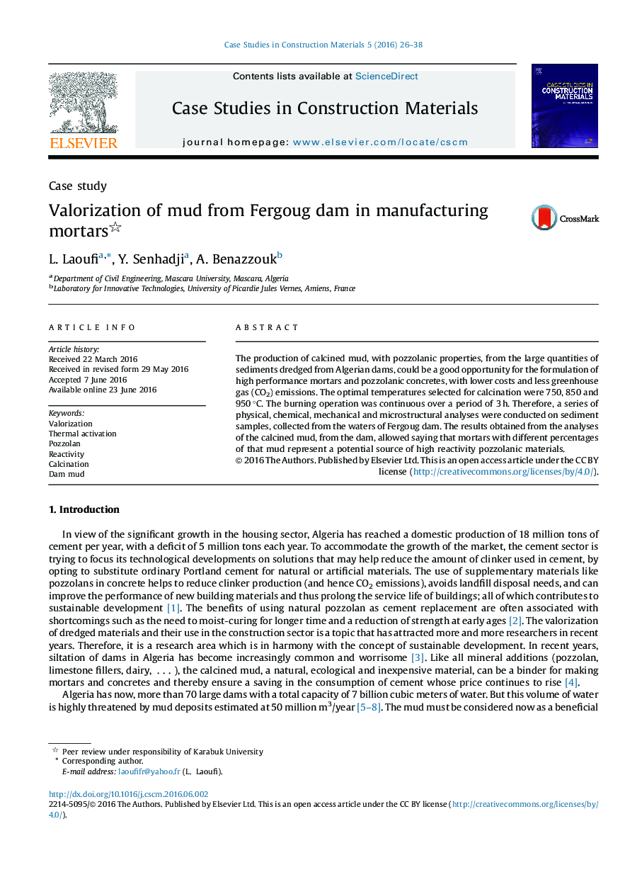 Valorization of mud from Fergoug dam in manufacturing mortars 