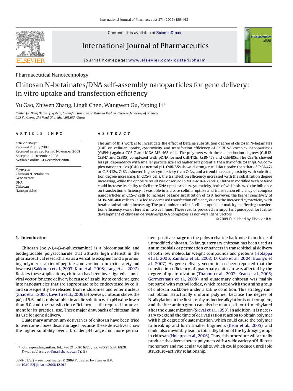 Chitosan N-betainates/DNA self-assembly nanoparticles for gene delivery: In vitro uptake and transfection efficiency