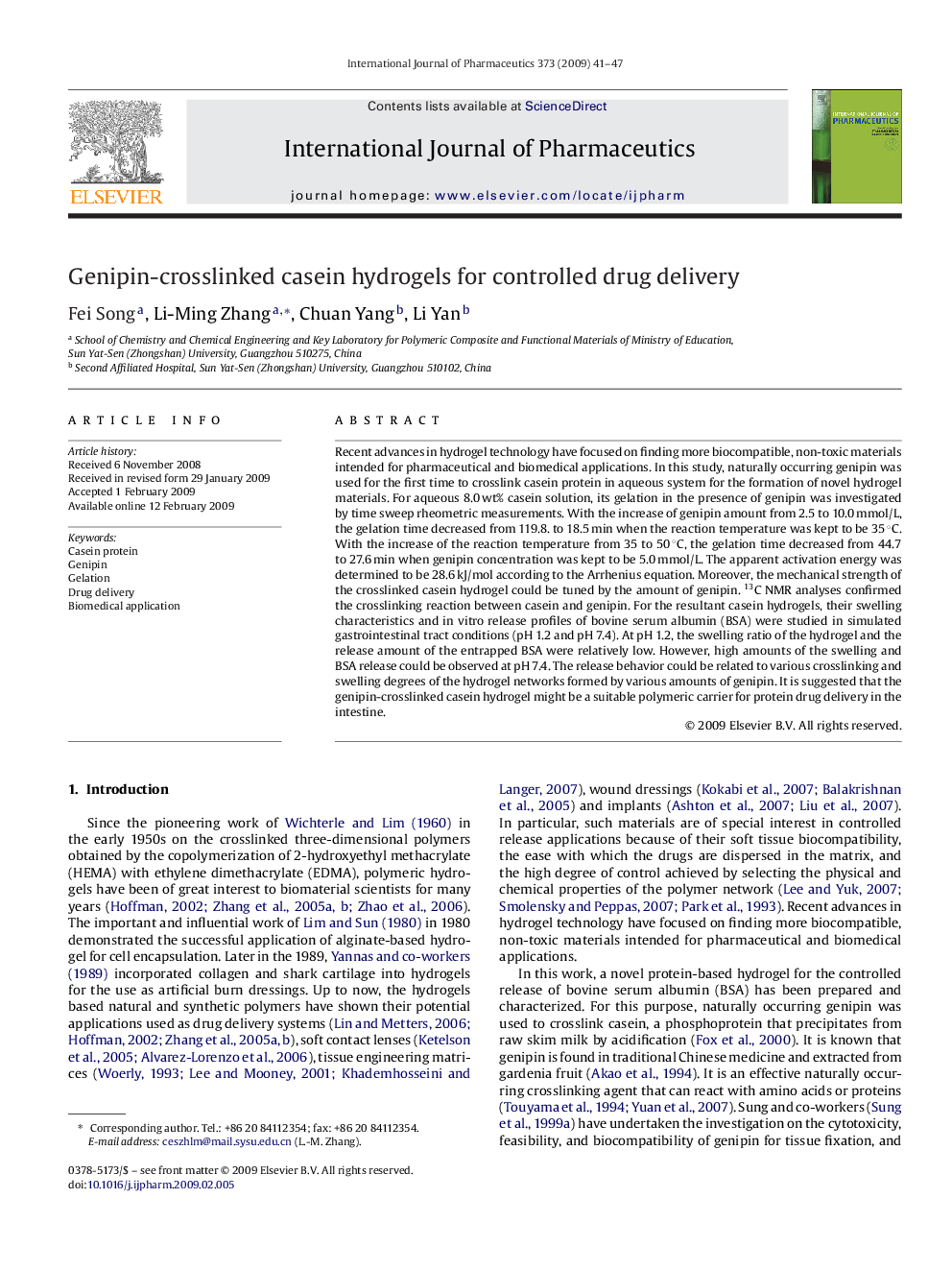 Genipin-crosslinked casein hydrogels for controlled drug delivery