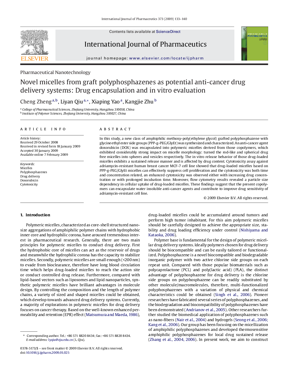 Novel micelles from graft polyphosphazenes as potential anti-cancer drug delivery systems: Drug encapsulation and in vitro evaluation