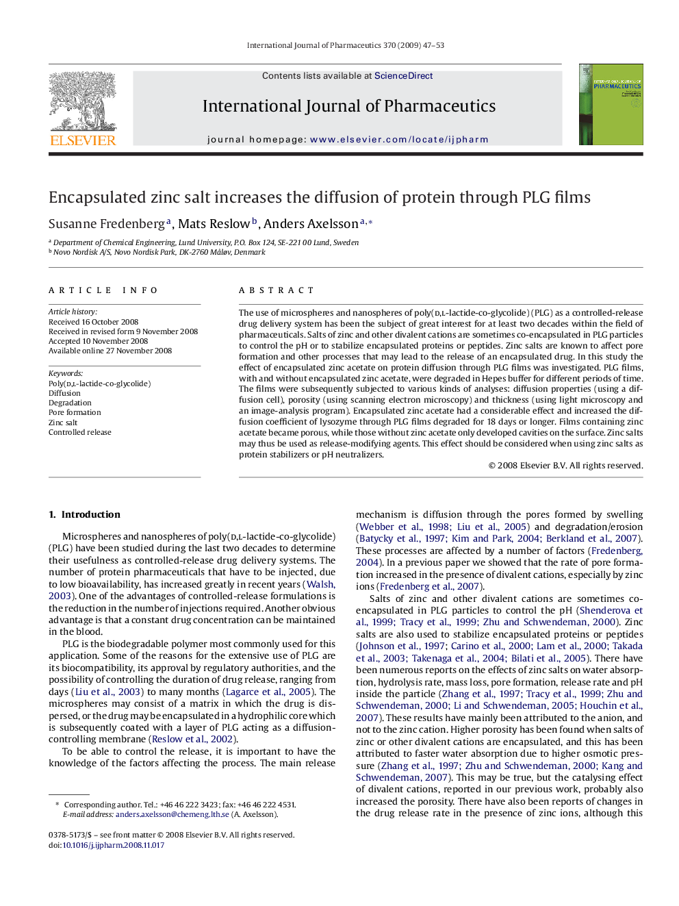 Encapsulated zinc salt increases the diffusion of protein through PLG films