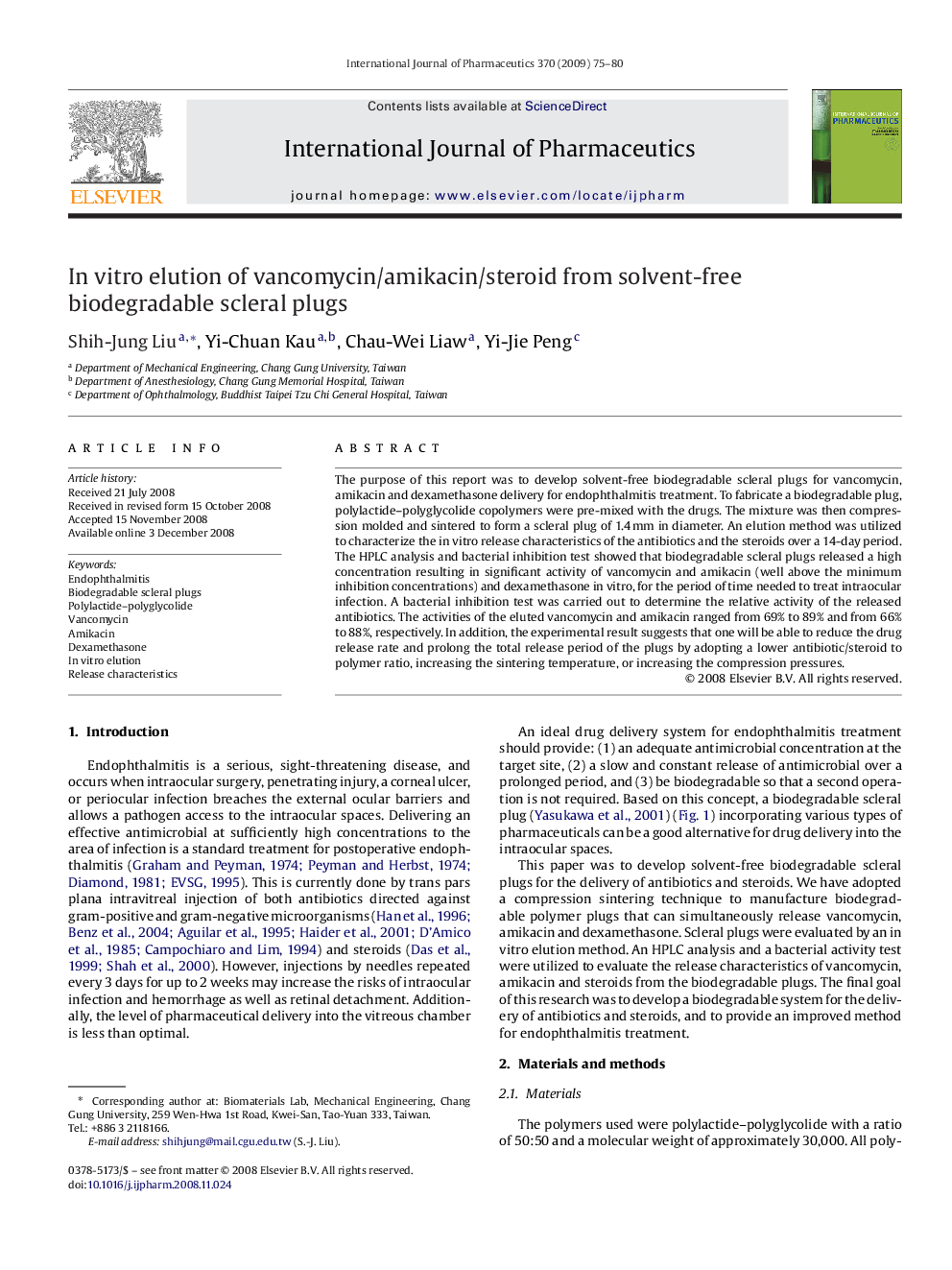 In vitro elution of vancomycin/amikacin/steroid from solvent-free biodegradable scleral plugs