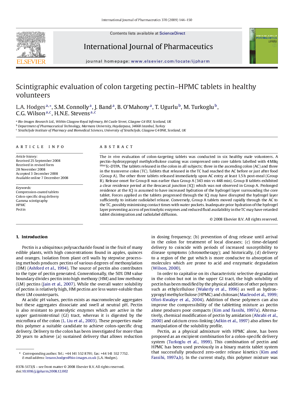 Scintigraphic evaluation of colon targeting pectin–HPMC tablets in healthy volunteers