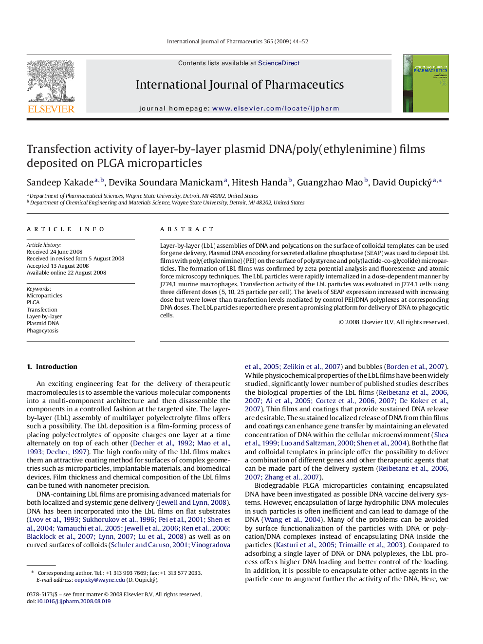 Transfection activity of layer-by-layer plasmid DNA/poly(ethylenimine) films deposited on PLGA microparticles