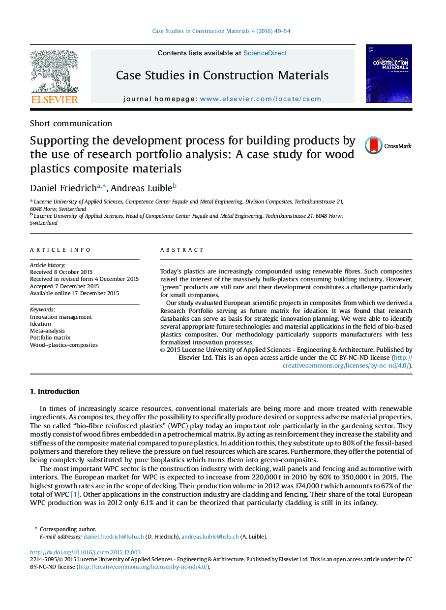 Supporting the development process for building products by the use of research portfolio analysis: A case study for wood plastics composite materials