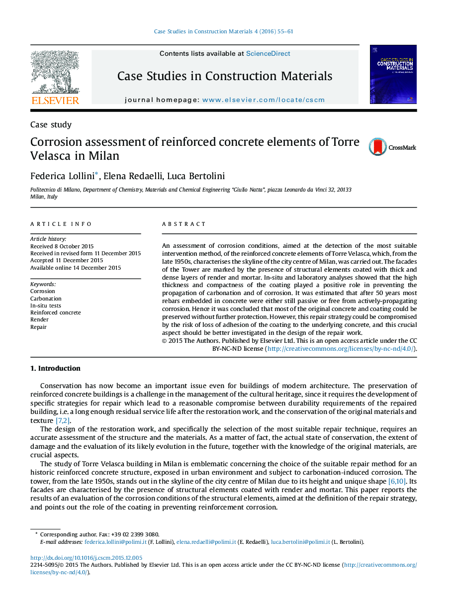 Corrosion assessment of reinforced concrete elements of Torre Velasca in Milan