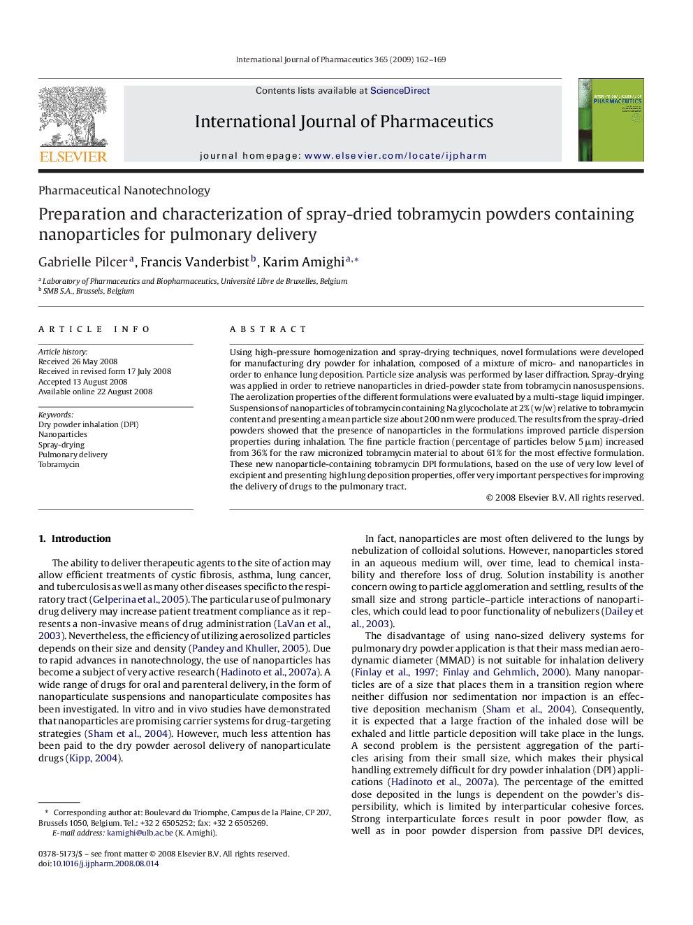 Preparation and characterization of spray-dried tobramycin powders containing nanoparticles for pulmonary delivery