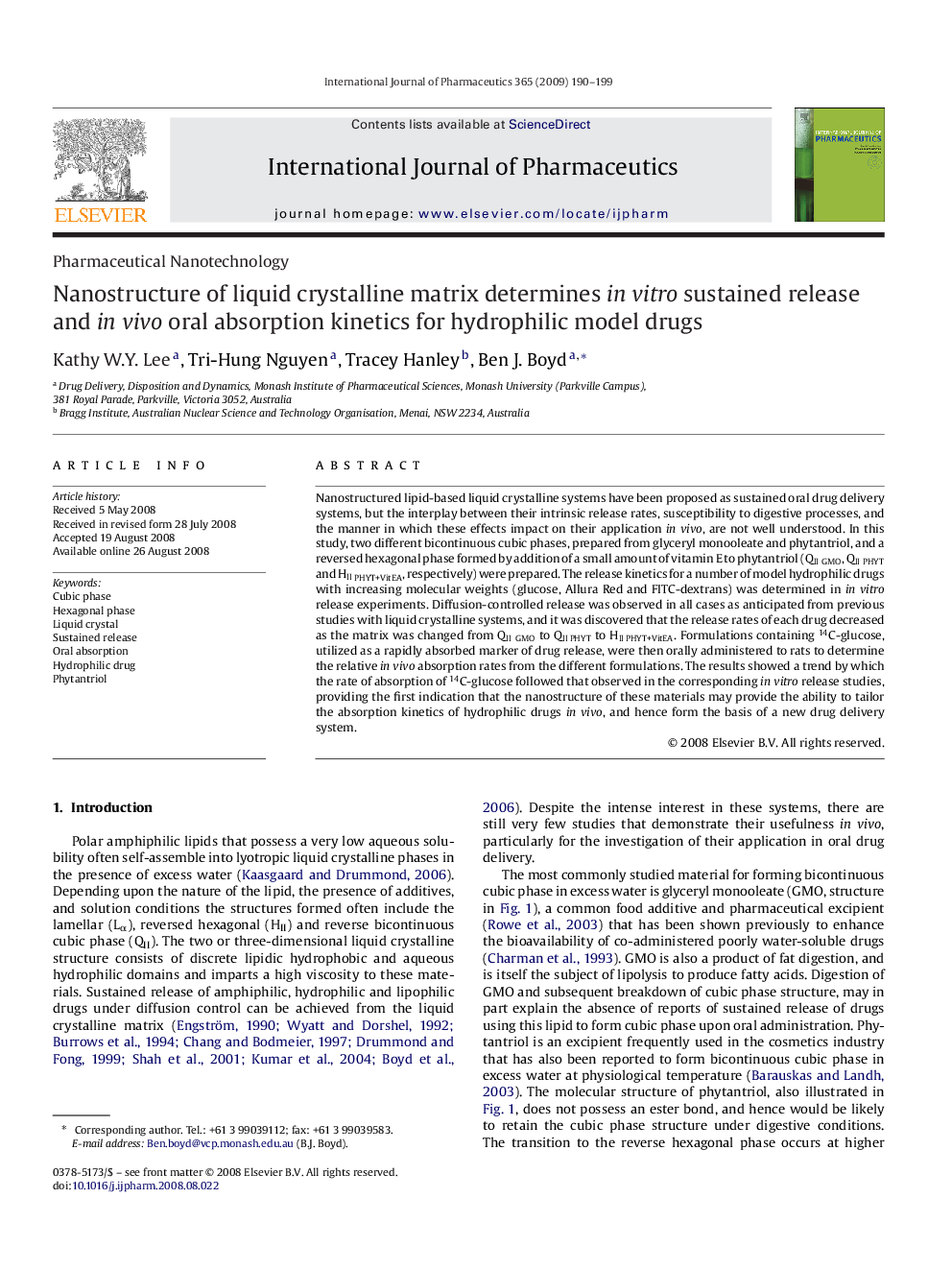 Nanostructure of liquid crystalline matrix determines in vitro sustained release and in vivo oral absorption kinetics for hydrophilic model drugs