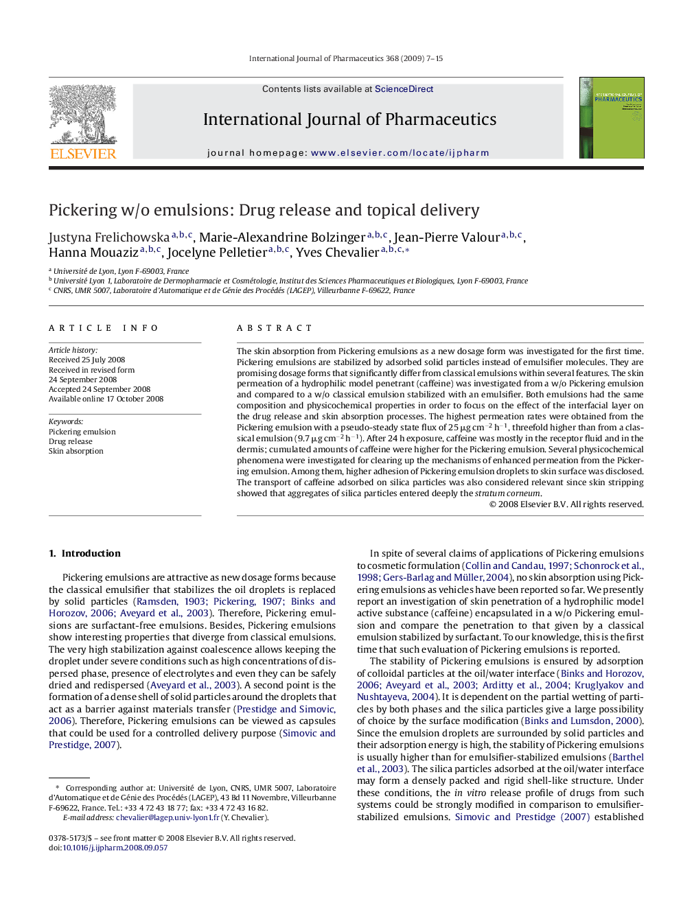 Pickering w/o emulsions: Drug release and topical delivery