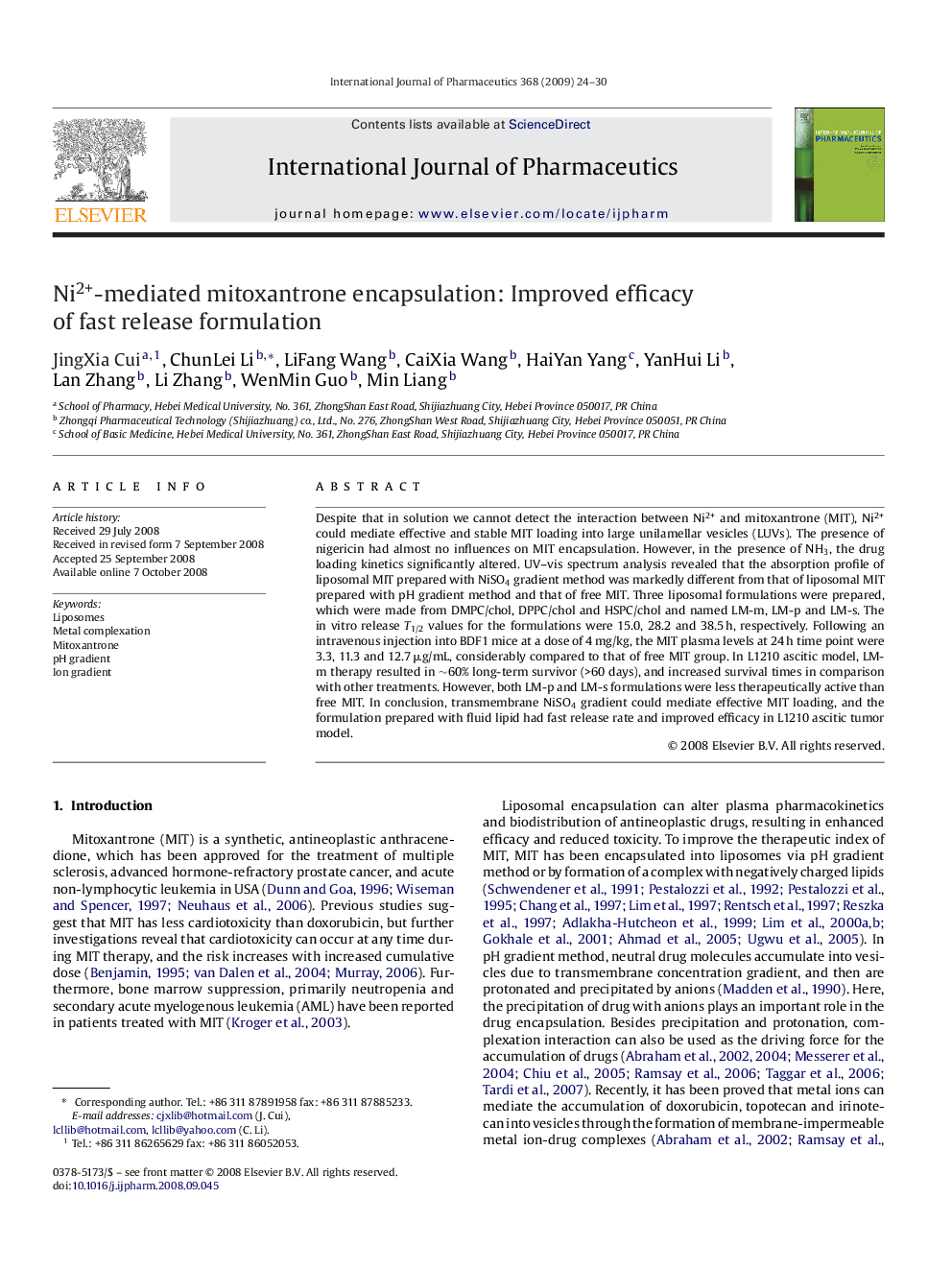 Ni2+-mediated mitoxantrone encapsulation: Improved efficacy of fast release formulation