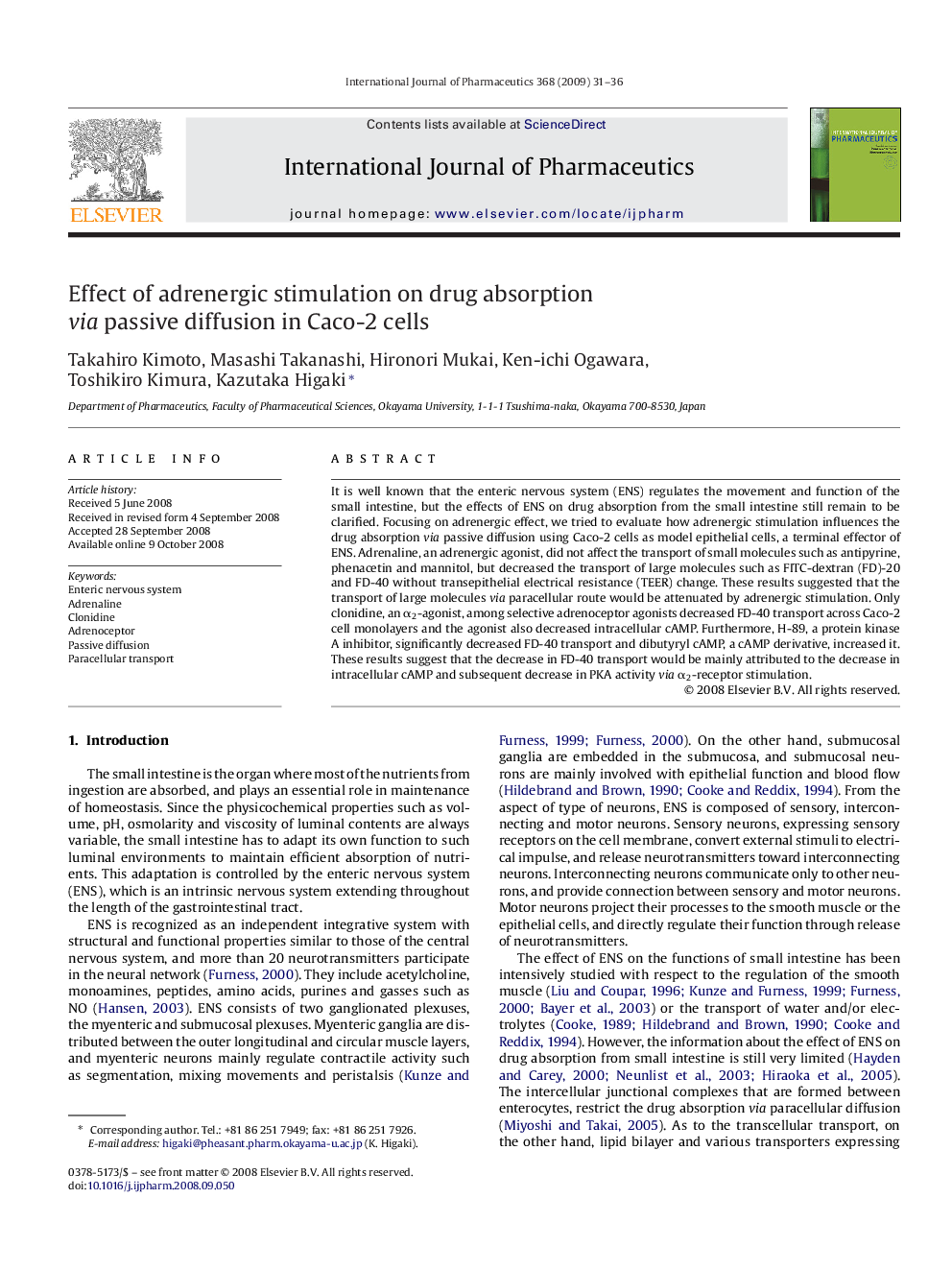 Effect of adrenergic stimulation on drug absorption via passive diffusion in Caco-2 cells