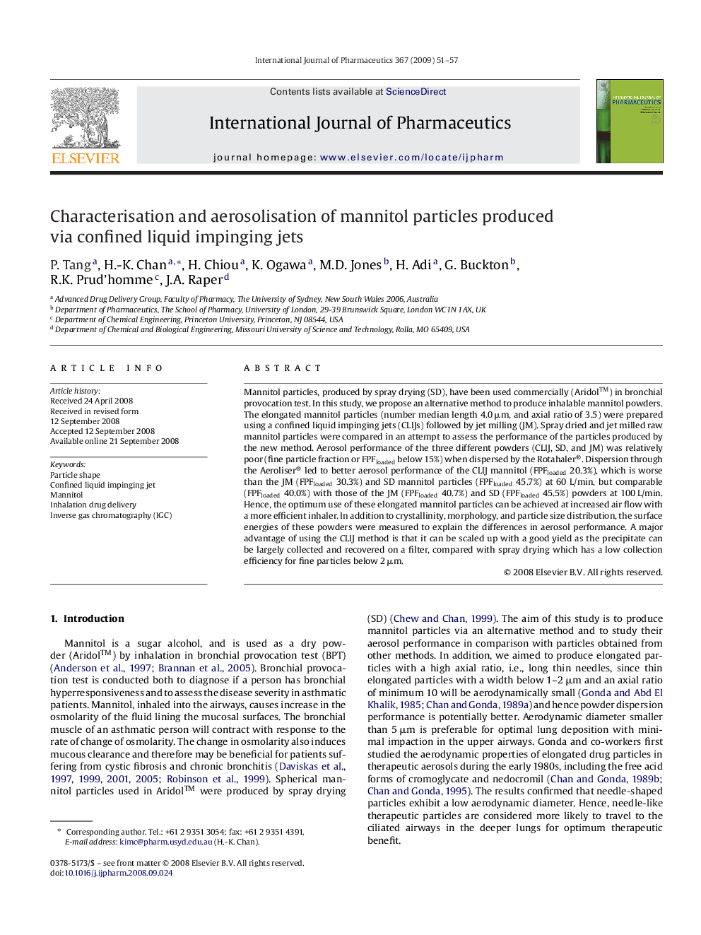 Characterisation and aerosolisation of mannitol particles produced via confined liquid impinging jets