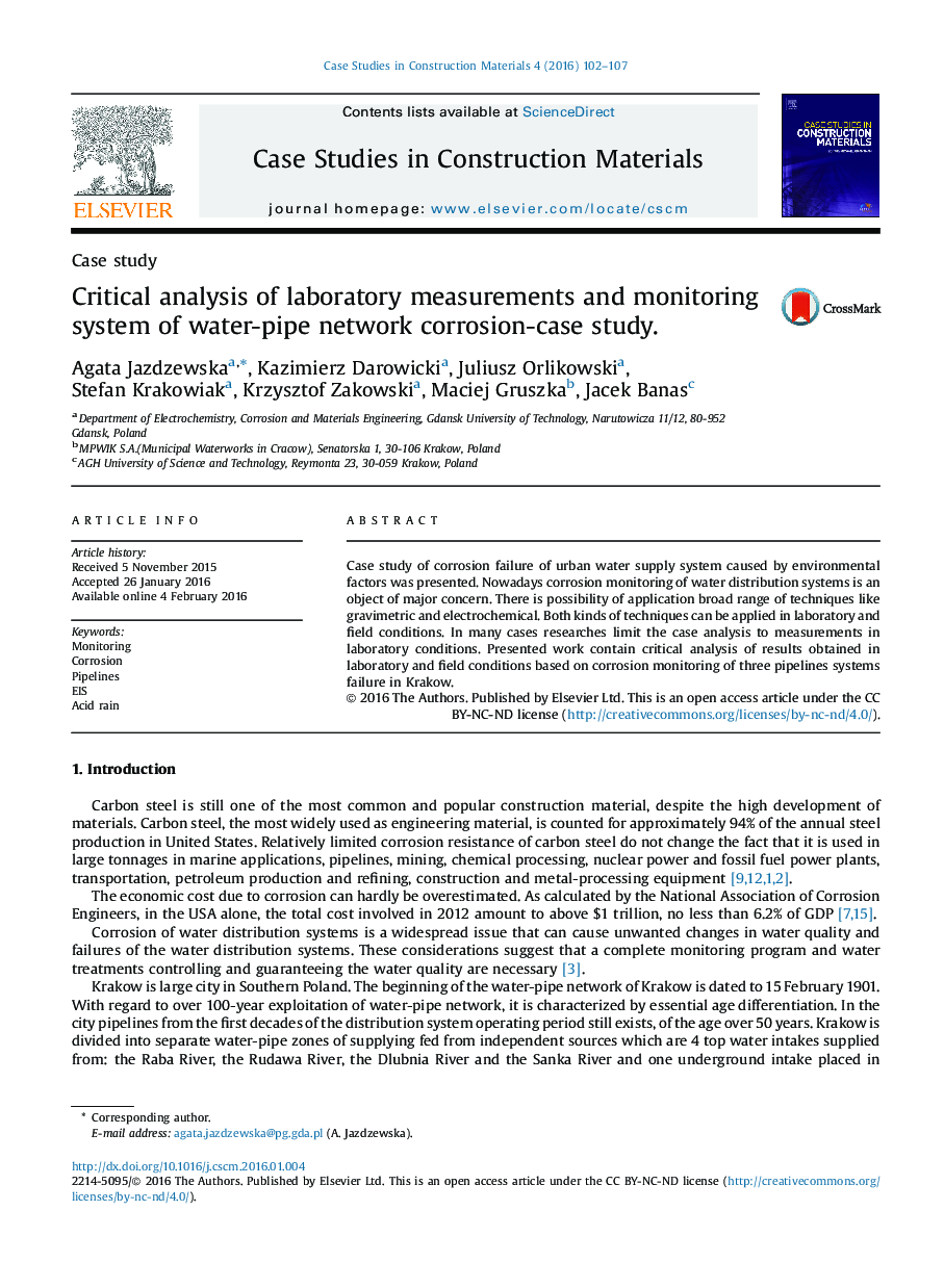 تجزیه و تحلیل بحرانی از اندازه گیری های آزمایشگاهی و سیستم نظارت مطالعه مورد خوردگی شبکه لوله آب  