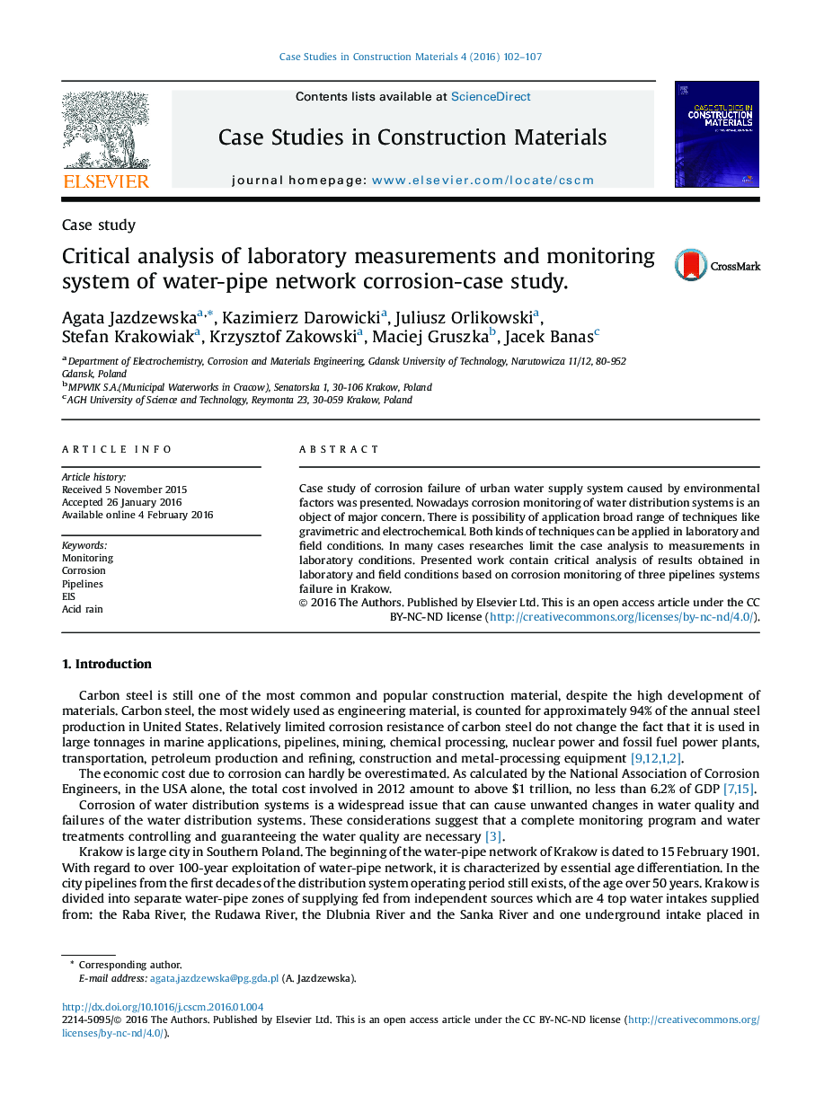 Critical analysis of laboratory measurements and monitoring system of water-pipe network corrosion-case study.