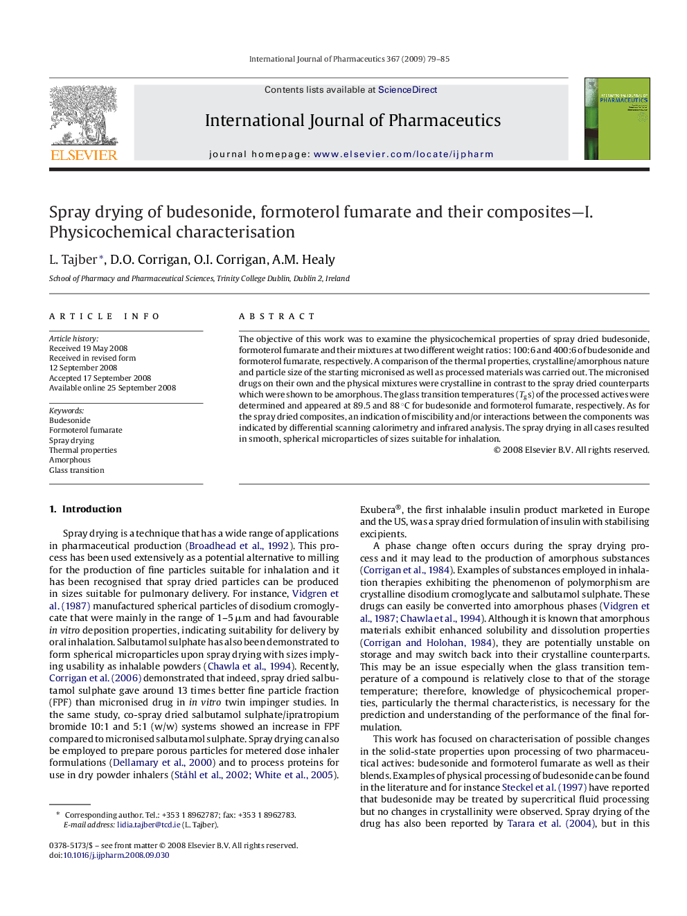 Spray drying of budesonide, formoterol fumarate and their composites—I. Physicochemical characterisation