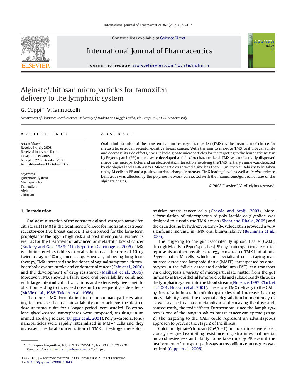 Alginate/chitosan microparticles for tamoxifen delivery to the lymphatic system