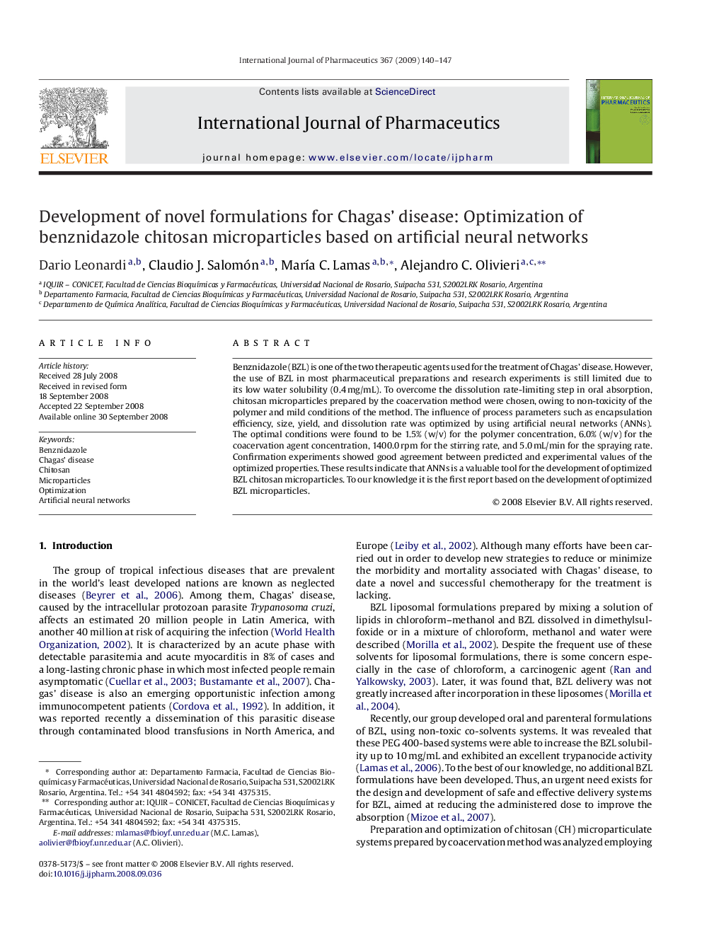 Development of novel formulations for Chagas’ disease: Optimization of benznidazole chitosan microparticles based on artificial neural networks