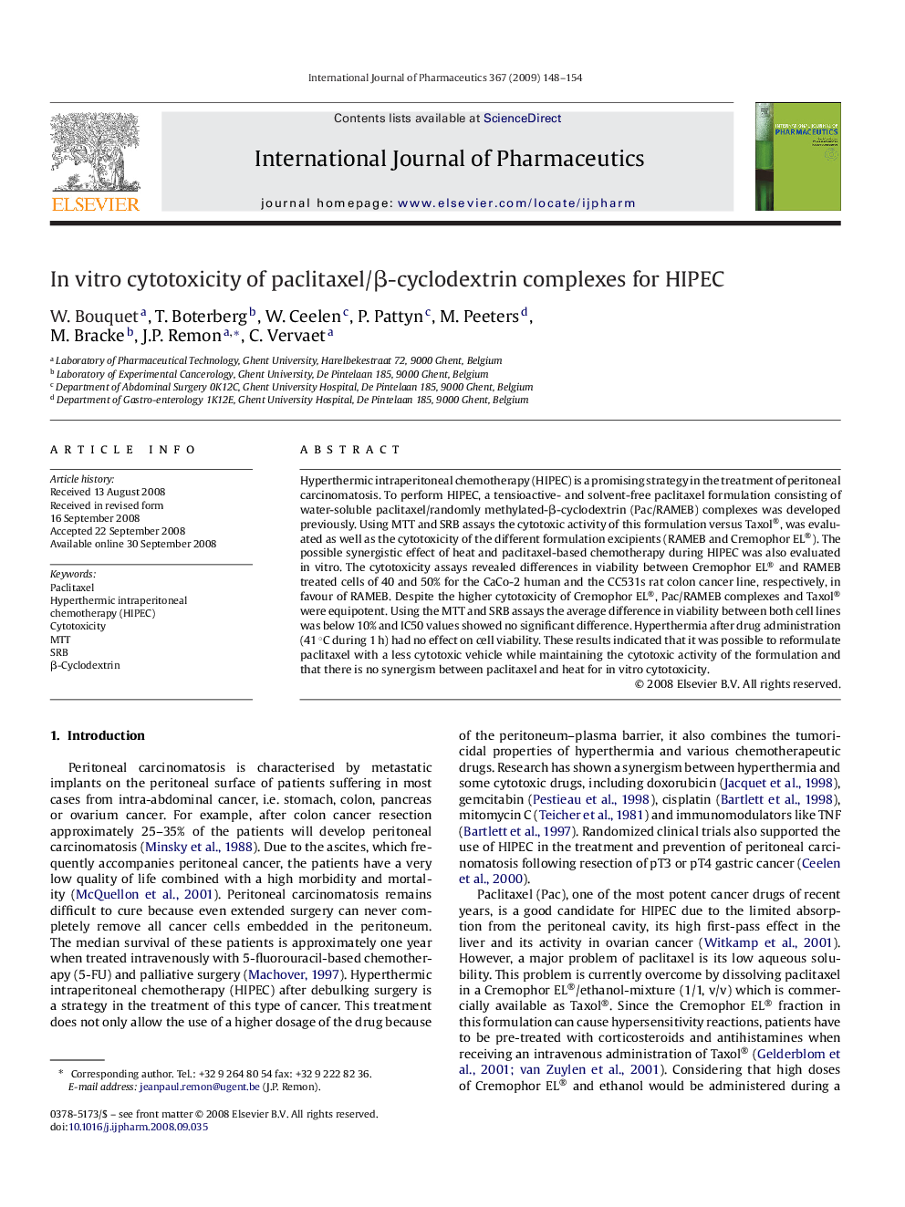 In vitro cytotoxicity of paclitaxel/β-cyclodextrin complexes for HIPEC