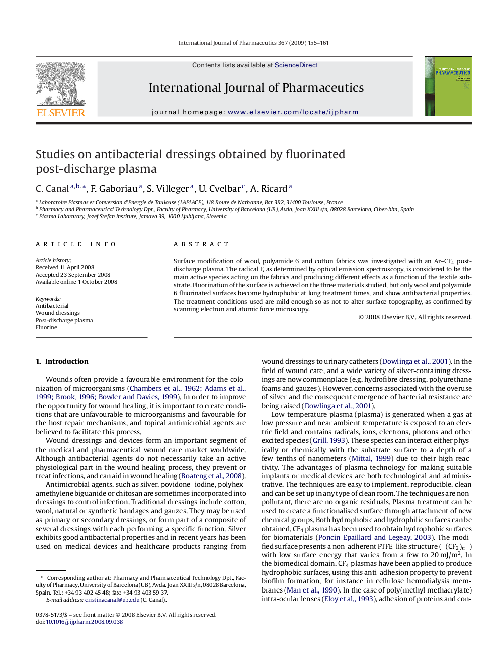 Studies on antibacterial dressings obtained by fluorinated post-discharge plasma