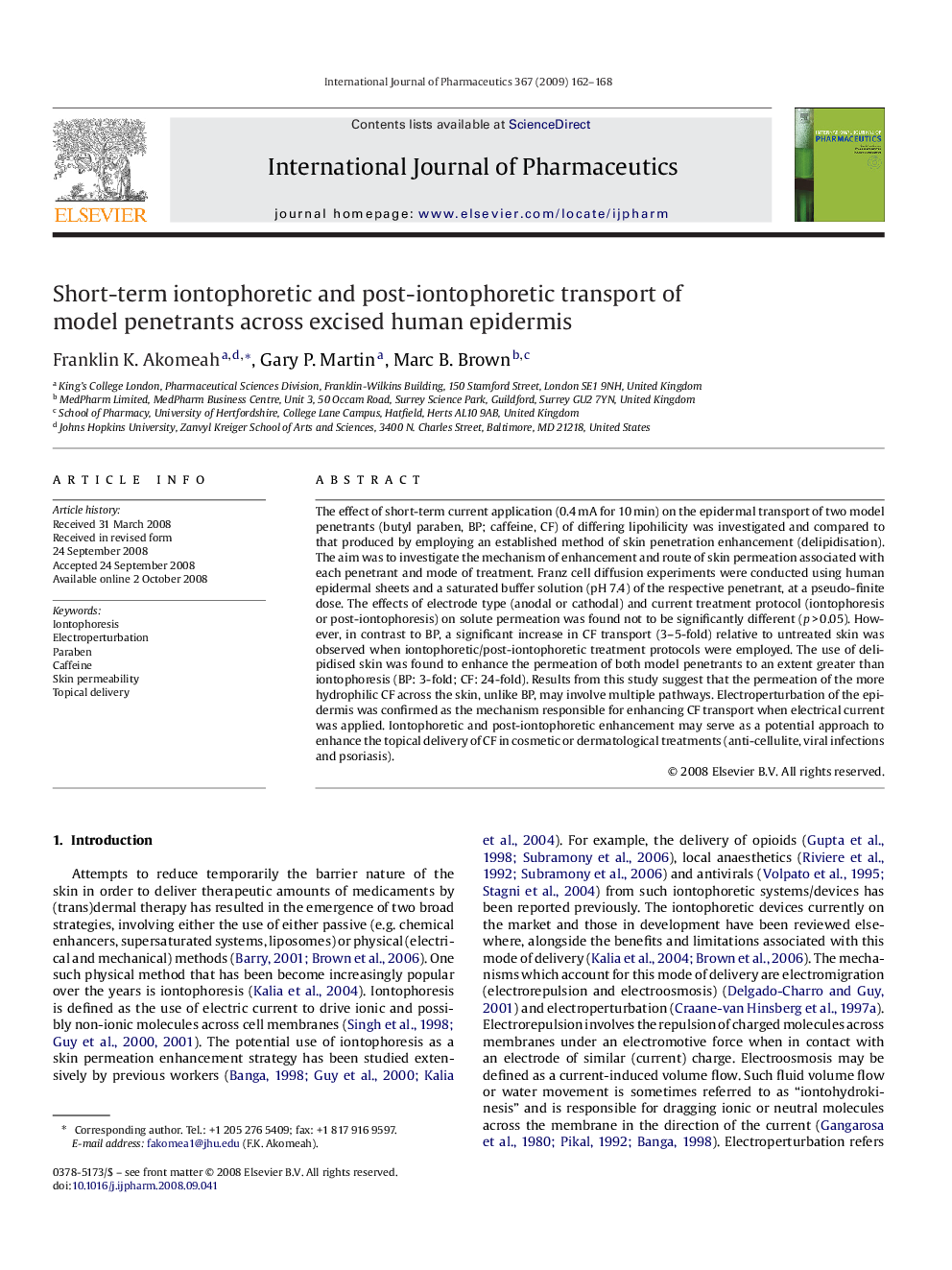 Short-term iontophoretic and post-iontophoretic transport of model penetrants across excised human epidermis