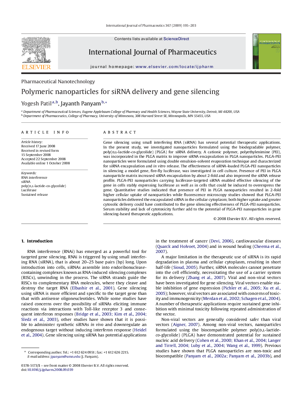 Polymeric nanoparticles for siRNA delivery and gene silencing