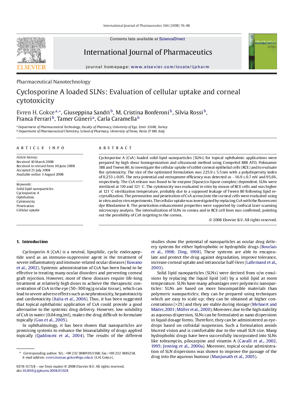 Cyclosporine A loaded SLNs: Evaluation of cellular uptake and corneal cytotoxicity