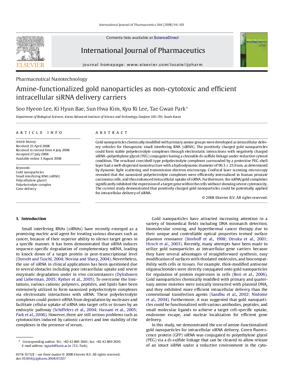 Amine-functionalized gold nanoparticles as non-cytotoxic and efficient intracellular siRNA delivery carriers