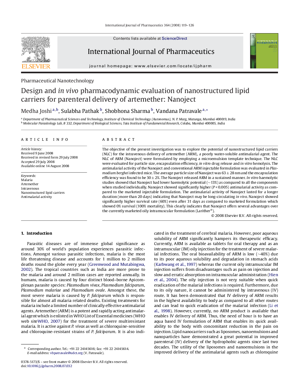 Design and in vivo pharmacodynamic evaluation of nanostructured lipid carriers for parenteral delivery of artemether: Nanoject