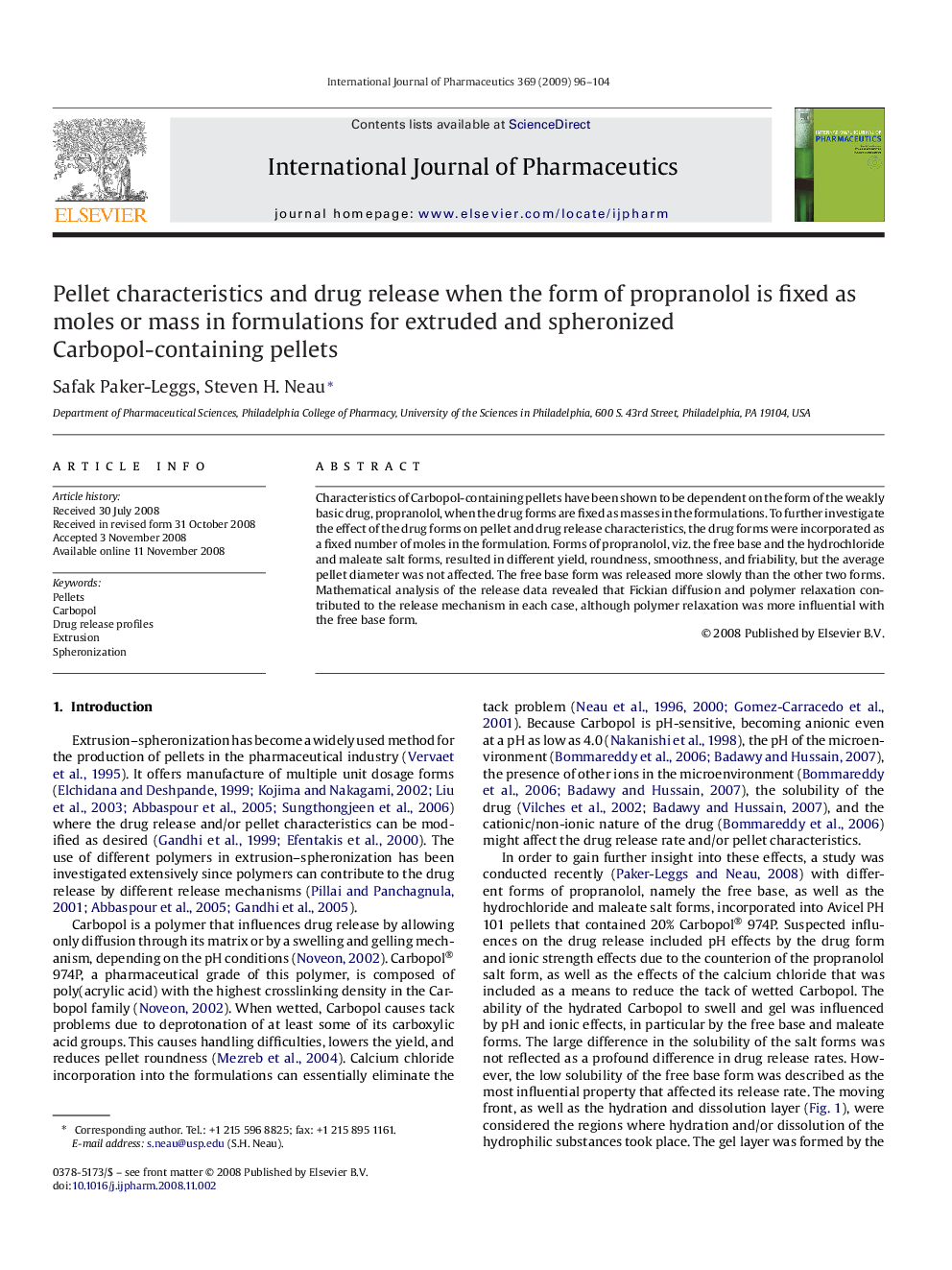 Pellet characteristics and drug release when the form of propranolol is fixed as moles or mass in formulations for extruded and spheronized Carbopol-containing pellets