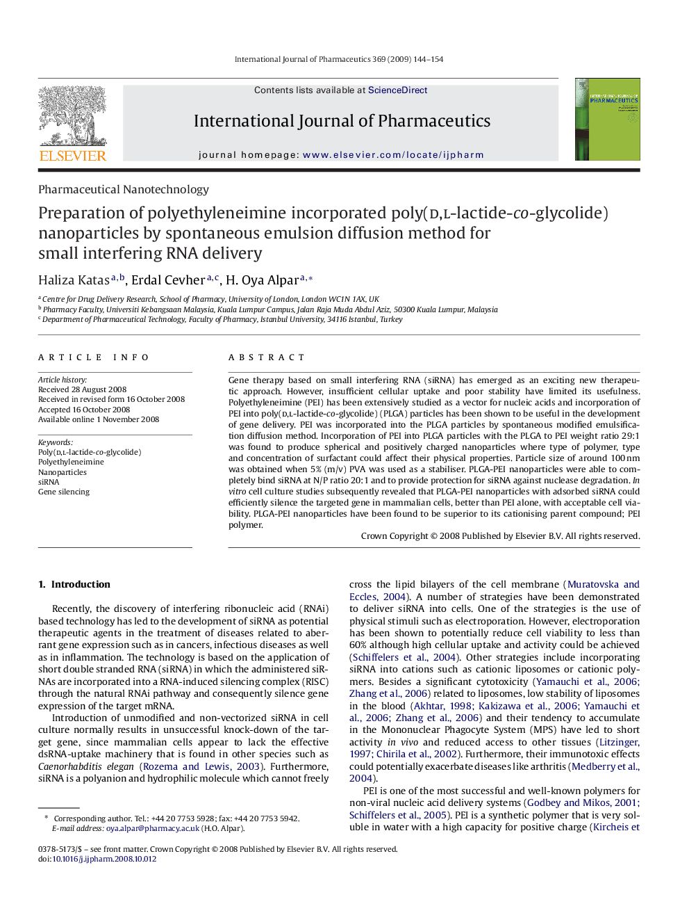 Preparation of polyethyleneimine incorporated poly(d,l-lactide-co-glycolide) nanoparticles by spontaneous emulsion diffusion method for small interfering RNA delivery