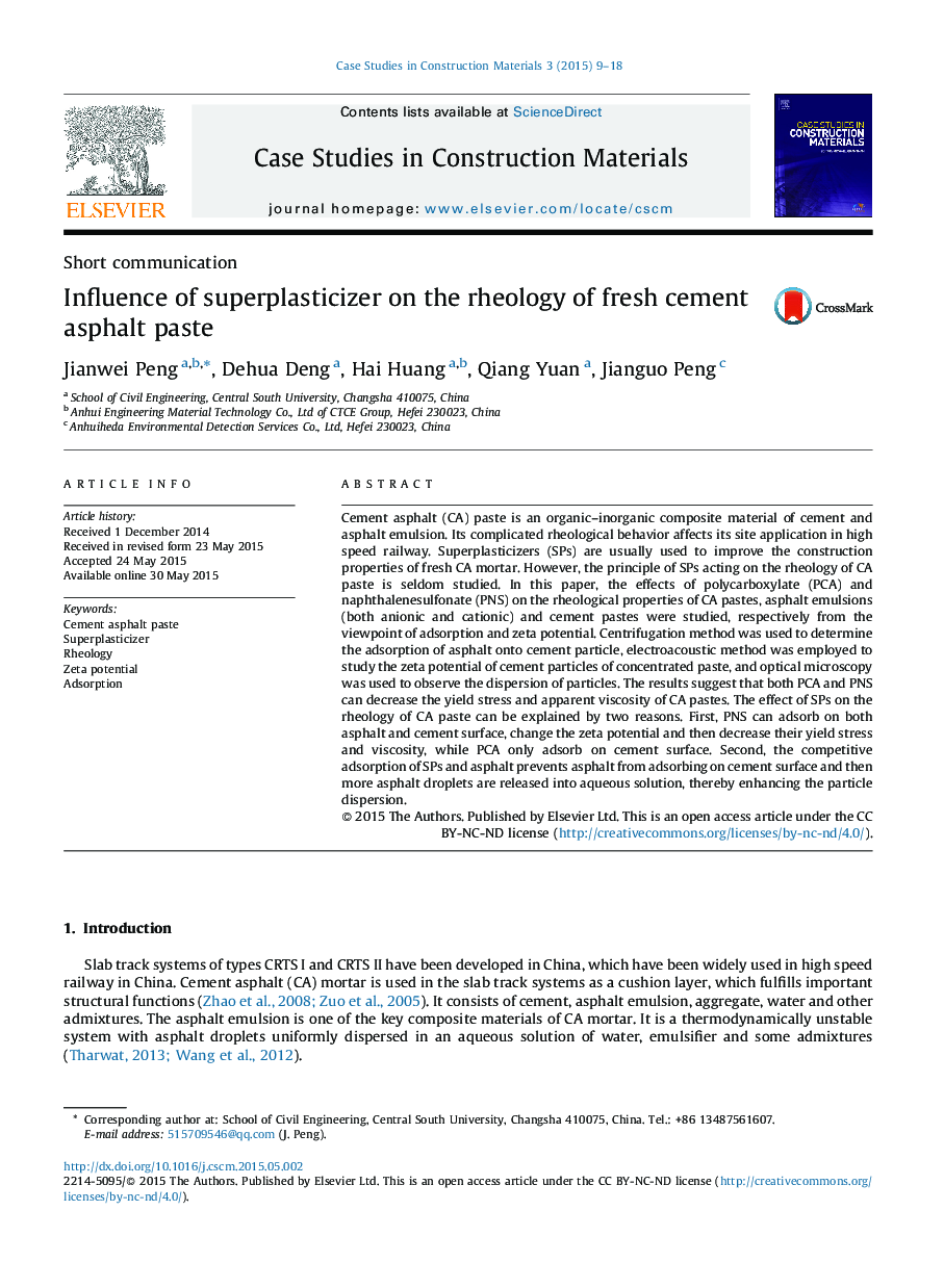 Influence of superplasticizer on the rheology of fresh cement asphalt paste