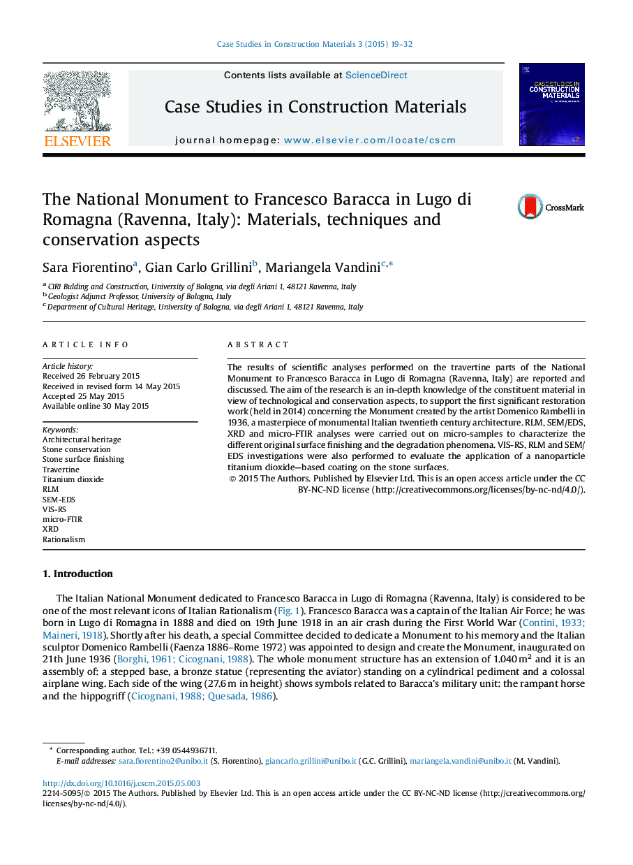 The National Monument to Francesco Baracca in Lugo di Romagna (Ravenna, Italy): Materials, techniques and conservation aspects