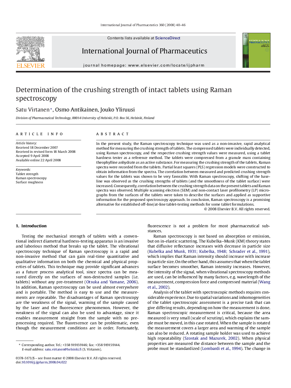 Determination of the crushing strength of intact tablets using Raman spectroscopy