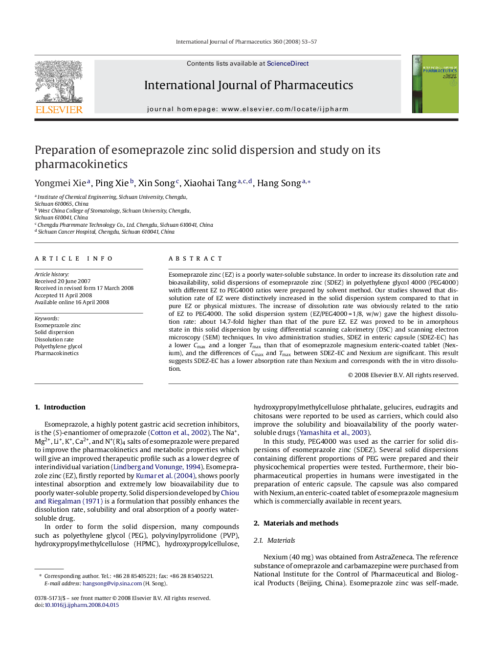 Preparation of esomeprazole zinc solid dispersion and study on its pharmacokinetics