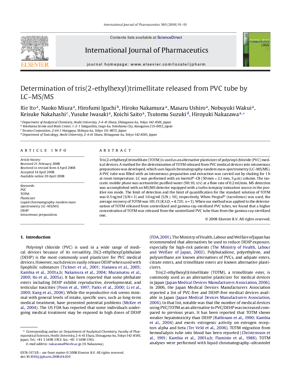 Determination of tris(2-ethylhexyl)trimellitate released from PVC tube by LC–MS/MS