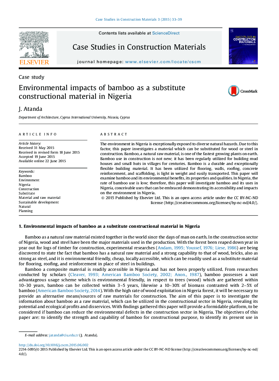 Environmental impacts of bamboo as a substitute constructional material in Nigeria