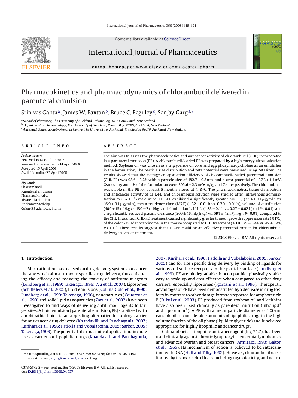 Pharmacokinetics and pharmacodynamics of chlorambucil delivered in parenteral emulsion