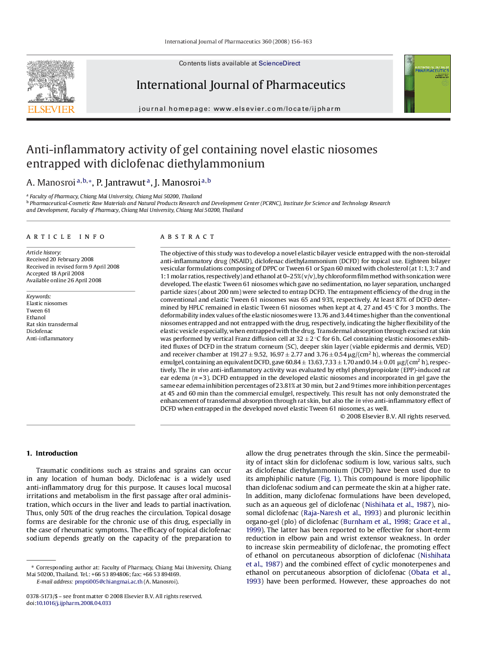 Anti-inflammatory activity of gel containing novel elastic niosomes entrapped with diclofenac diethylammonium