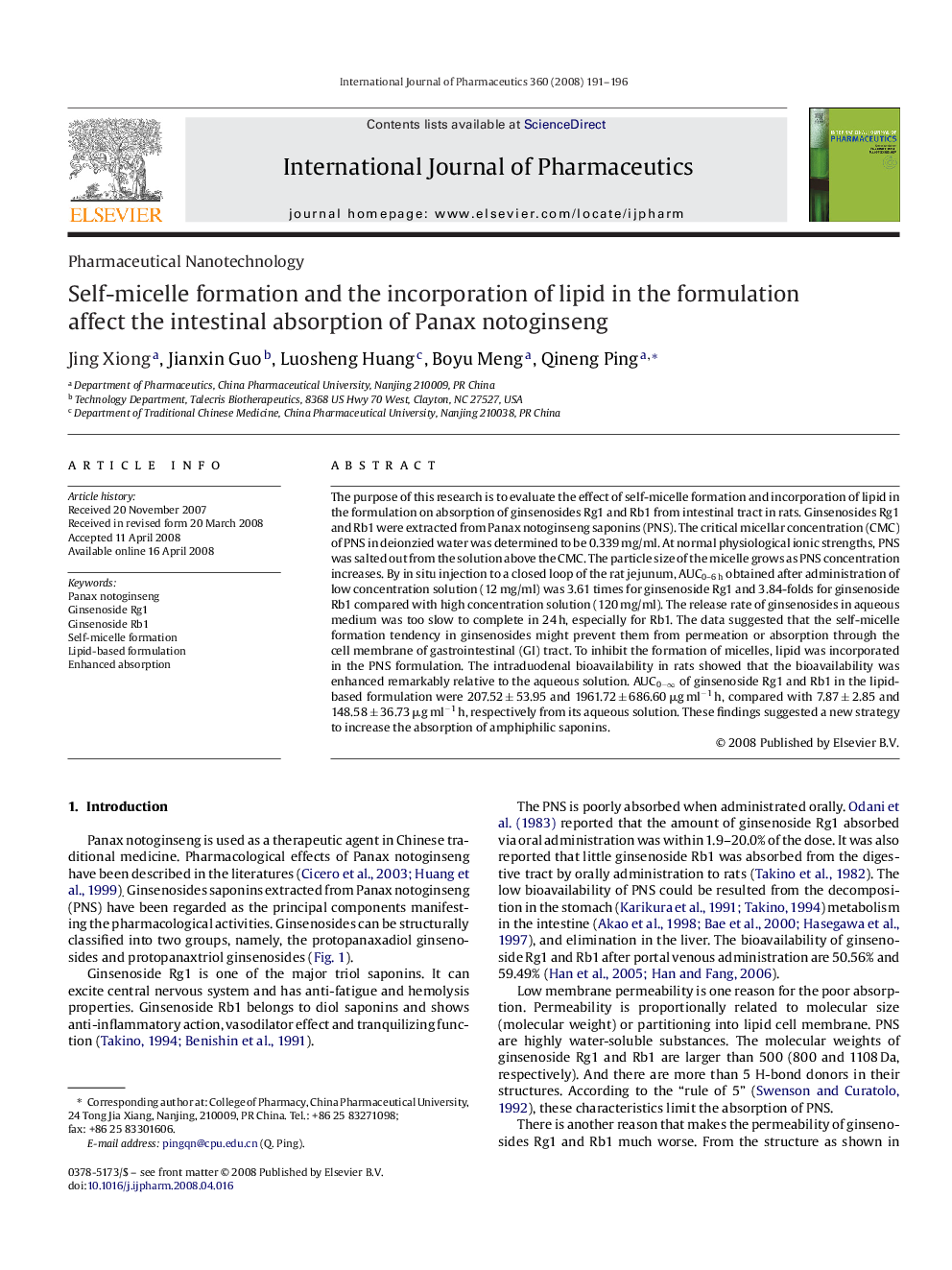 Self-micelle formation and the incorporation of lipid in the formulation affect the intestinal absorption of Panax notoginseng